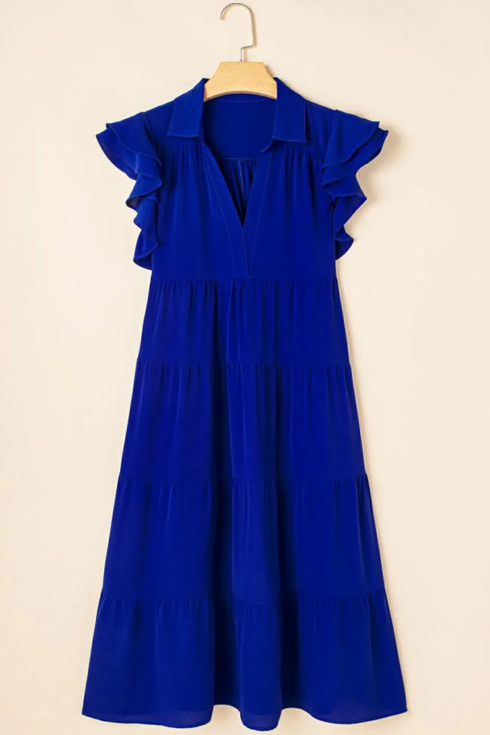 Hot Dear-Lover Ruffled Short Sleeve Collared V Neck Tiered Midi Dress Bluing