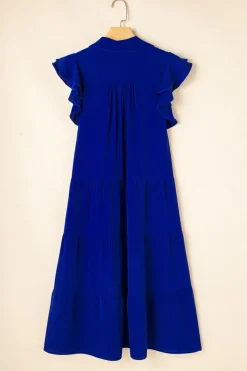 Hot Dear-Lover Ruffled Short Sleeve Collared V Neck Tiered Midi Dress Bluing