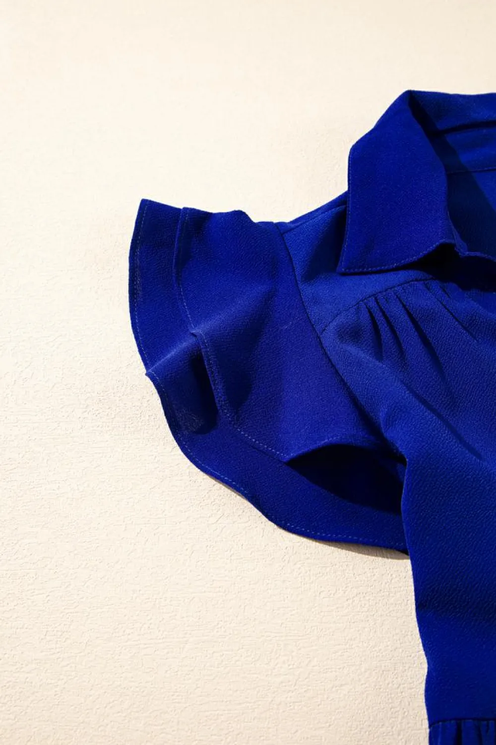 Hot Dear-Lover Ruffled Short Sleeve Collared V Neck Tiered Midi Dress Bluing