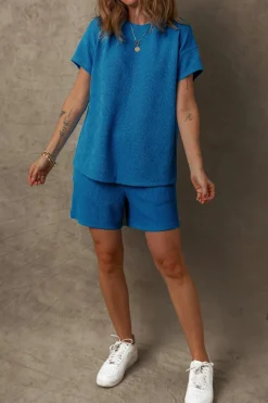 Best Dear-Lover Solid Textured Crew Neck Short Set Bluing