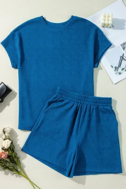 Best Dear-Lover Solid Textured Crew Neck Short Set Bluing
