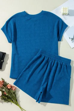 Best Dear-Lover Solid Textured Crew Neck Short Set Bluing