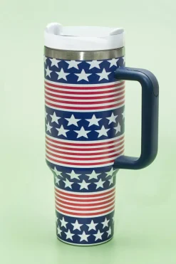 Best Dear-Lover Stars and Stripes Print Handled Thermos Cup 40oz Bluing