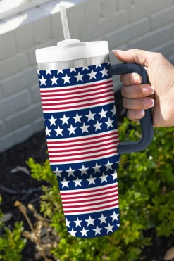 Best Dear-Lover Stars and Stripes Print Handled Thermos Cup 40oz Bluing