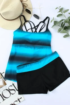 Fashion Dear-Lover Bluish Strappy Hollow-out Back Tankini Blue