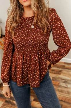 Clearance Dear-Lover Boho Floral Smocked Bust Ruffled Peplum Blouse Printed
