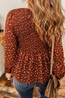 Clearance Dear-Lover Boho Floral Smocked Bust Ruffled Peplum Blouse Printed