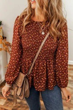 Clearance Dear-Lover Boho Floral Smocked Bust Ruffled Peplum Blouse Printed