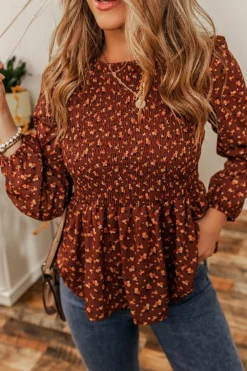 Clearance Dear-Lover Boho Floral Smocked Bust Ruffled Peplum Blouse Printed