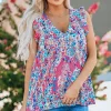 Online Dear-Lover Boho Pattern Print Flounce V Neck Tank Top Pink