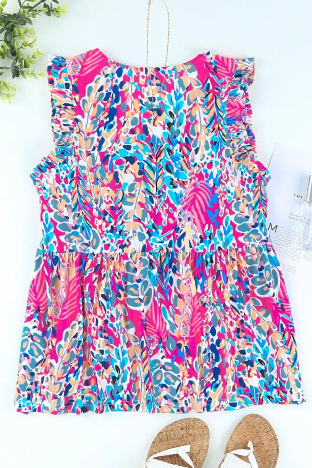 Online Dear-Lover Boho Pattern Print Flounce V Neck Tank Top Pink
