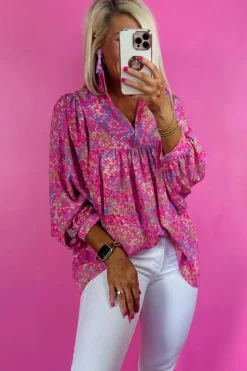 New Dear-Lover Abstract Print Collared V Neck Babydoll Blouse Bonbon