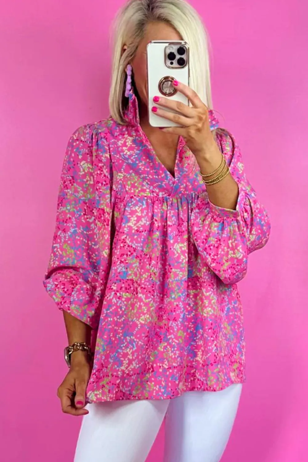 New Dear-Lover Abstract Print Collared V Neck Babydoll Blouse Bonbon