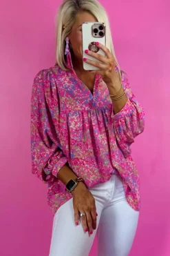 New Dear-Lover Abstract Print Collared V Neck Babydoll Blouse Bonbon