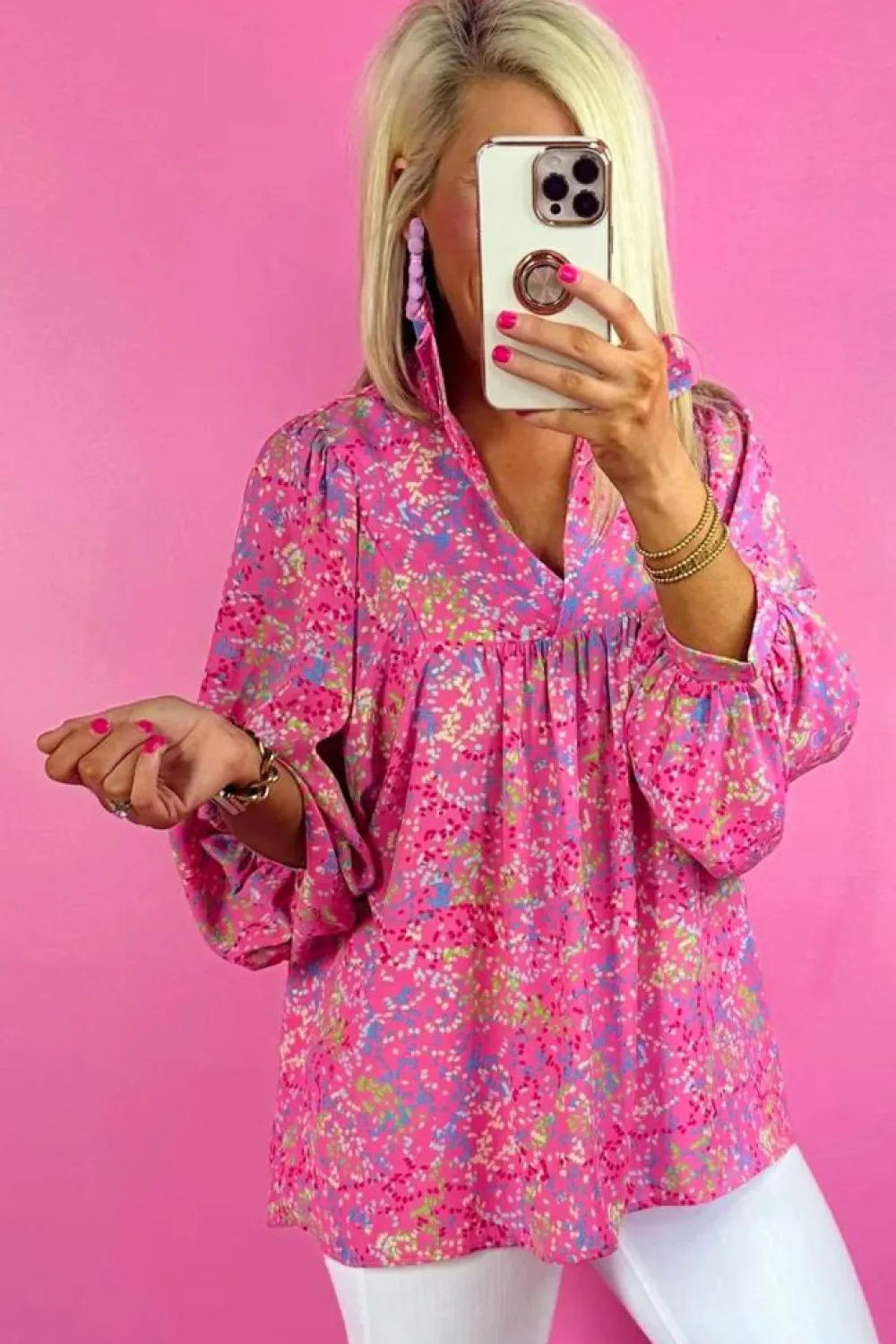 New Dear-Lover Abstract Print Collared V Neck Babydoll Blouse Bonbon