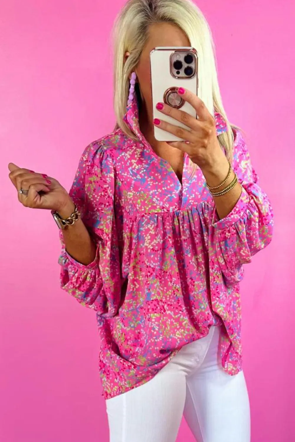 New Dear-Lover Abstract Print Collared V Neck Babydoll Blouse Bonbon