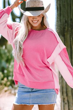 Hot Dear-Lover Cable Knit Colorblock Exposed Seam Sweatshirt Bonbon