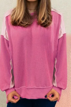 Hot Dear-Lover Cable Knit Colorblock Exposed Seam Sweatshirt Bonbon