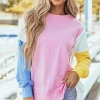 Best Dear-Lover Color Block Exposed Seam Side Slits Crewneck Sweatshirt Bonbon