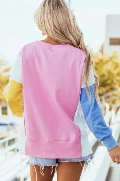 Best Dear-Lover Color Block Exposed Seam Side Slits Crewneck Sweatshirt Bonbon