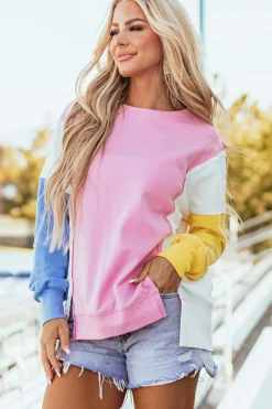 Best Dear-Lover Color Block Exposed Seam Side Slits Crewneck Sweatshirt Bonbon