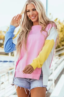 Best Dear-Lover Color Block Exposed Seam Side Slits Crewneck Sweatshirt Bonbon