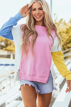 Best Dear-Lover Color Block Exposed Seam Side Slits Crewneck Sweatshirt Bonbon