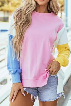 Best Dear-Lover Color Block Exposed Seam Side Slits Crewneck Sweatshirt Bonbon