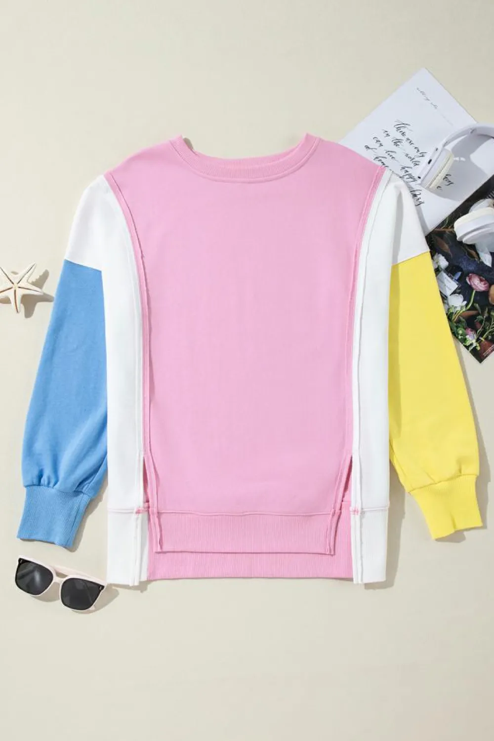 Best Dear-Lover Color Block Exposed Seam Side Slits Crewneck Sweatshirt Bonbon