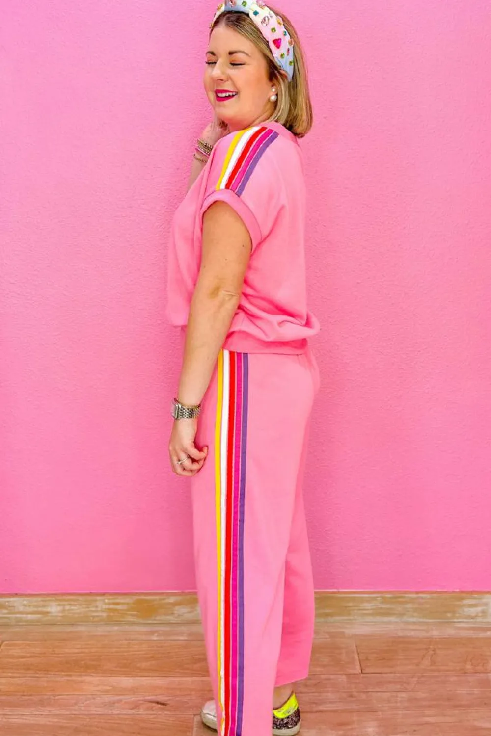 New Dear-Lover Color Contrast Crewneck T Shirt and Wide Leg High Waist Pants Set Bonbon