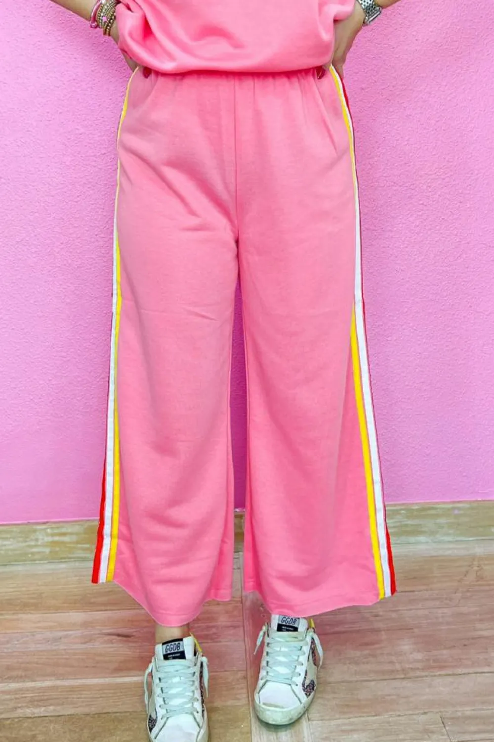 New Dear-Lover Color Contrast Crewneck T Shirt and Wide Leg High Waist Pants Set Bonbon