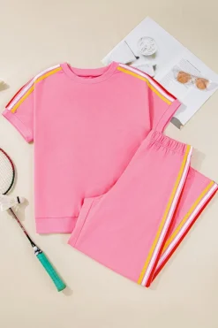 New Dear-Lover Color Contrast Crewneck T Shirt and Wide Leg High Waist Pants Set Bonbon