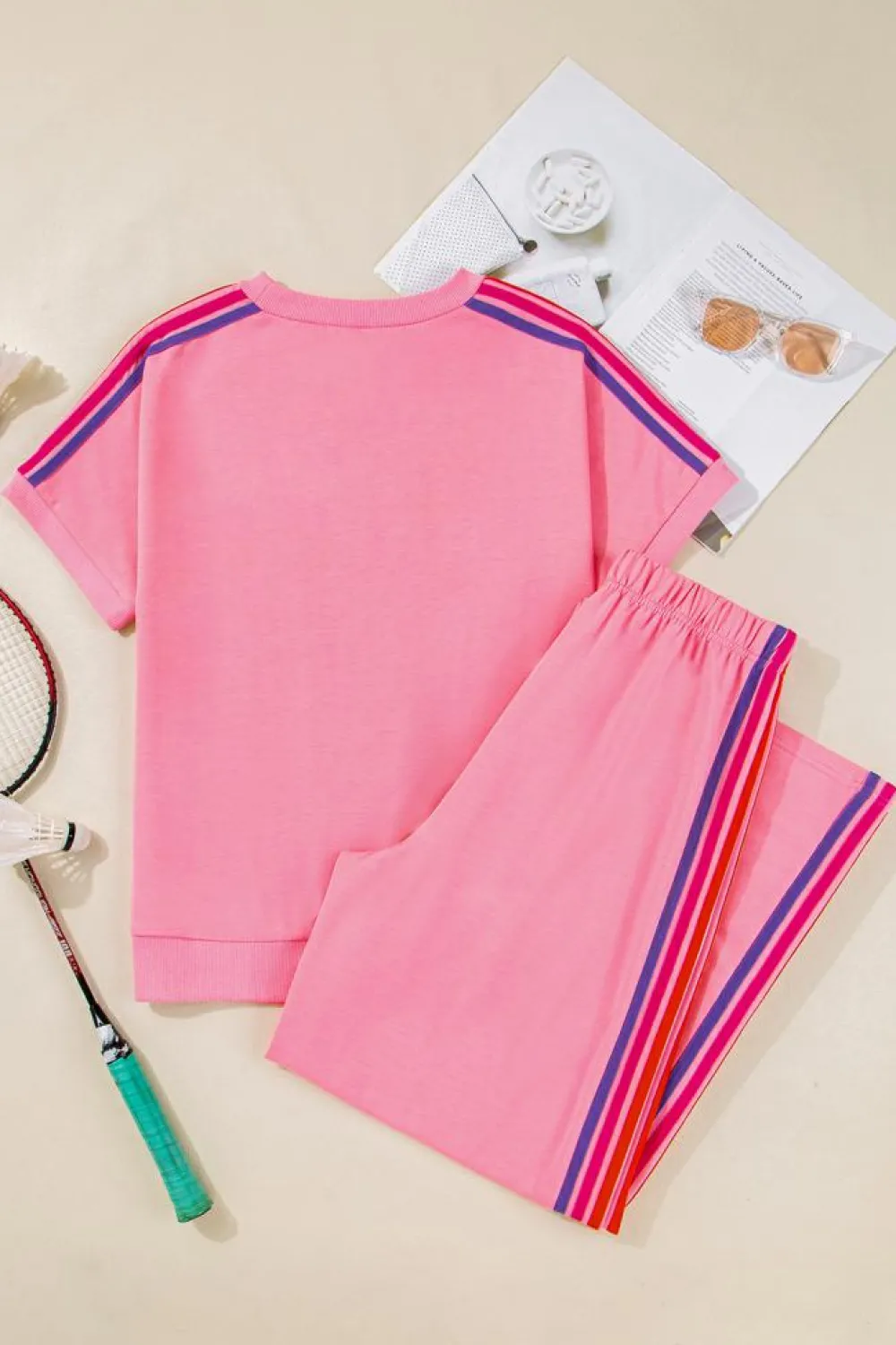 New Dear-Lover Color Contrast Crewneck T Shirt and Wide Leg High Waist Pants Set Bonbon