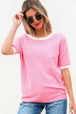 Hot Dear-Lover Colorblock Bow V-Shape Cut Back Short Sleeve Sweater Bonbon