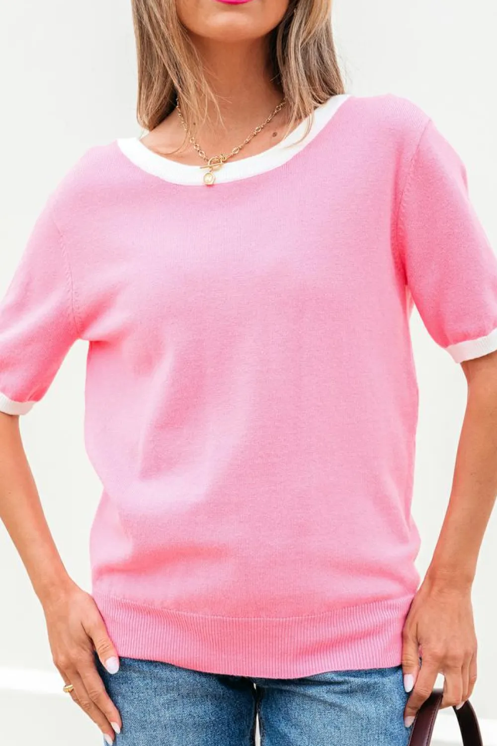 Hot Dear-Lover Colorblock Bow V-Shape Cut Back Short Sleeve Sweater Bonbon