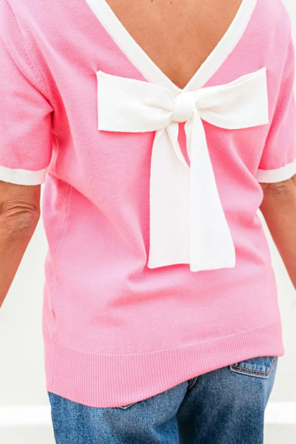 Hot Dear-Lover Colorblock Bow V-Shape Cut Back Short Sleeve Sweater Bonbon