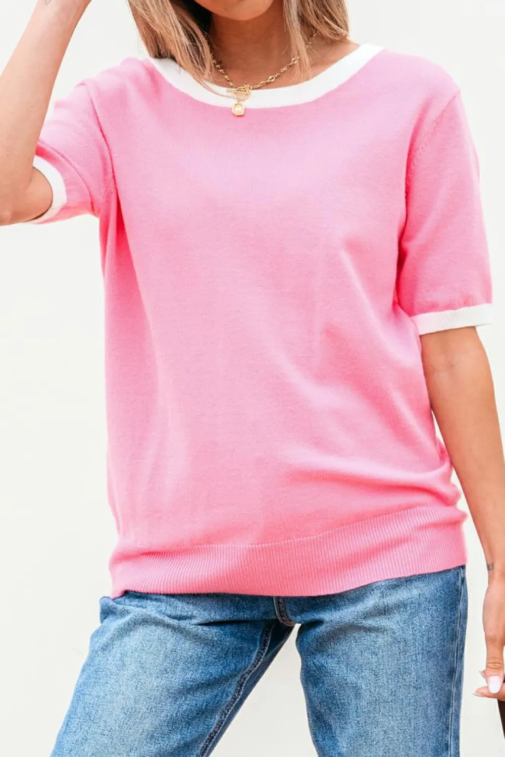 Hot Dear-Lover Colorblock Bow V-Shape Cut Back Short Sleeve Sweater Bonbon