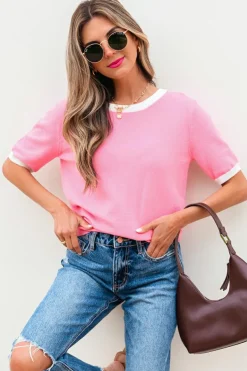 Hot Dear-Lover Colorblock Bow V-Shape Cut Back Short Sleeve Sweater Bonbon