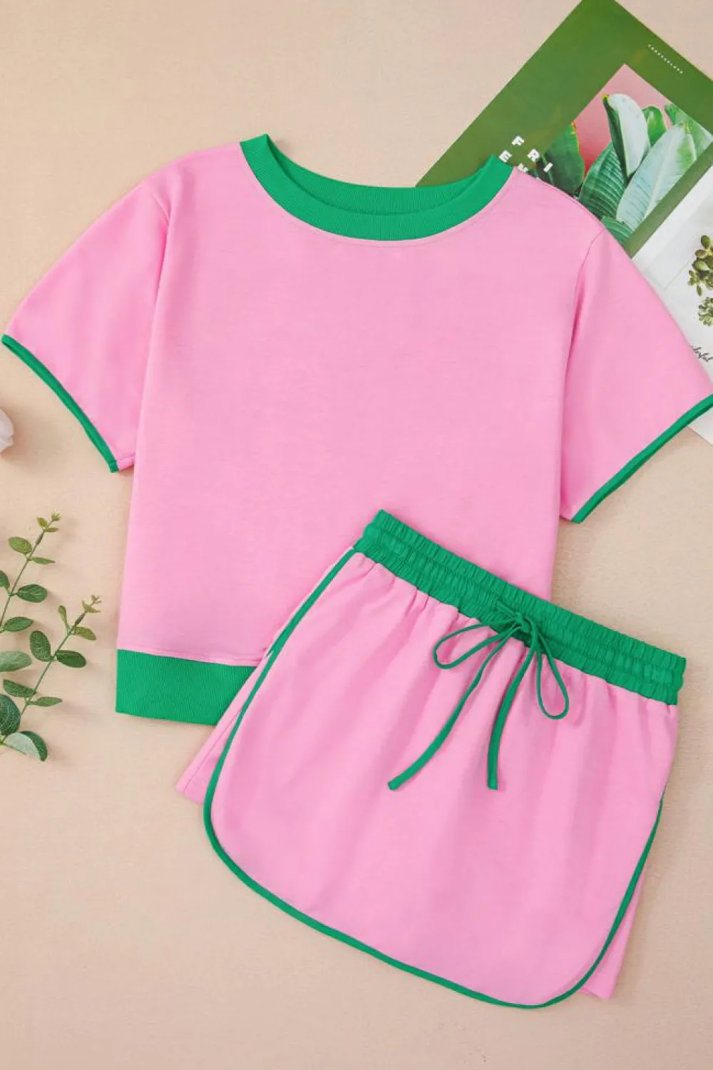 Online Dear-Lover Colorblock Edge Drop Shoulder T Shirt and Skort 2Pcs Set Bonbon