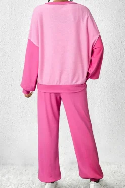 New Dear-Lover Contrast Patchwork Pullover and Drawstring Joggers Set Bonbon
