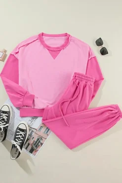 New Dear-Lover Contrast Patchwork Pullover and Drawstring Joggers Set Bonbon