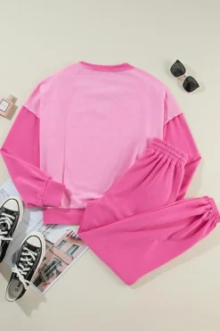 New Dear-Lover Contrast Patchwork Pullover and Drawstring Joggers Set Bonbon