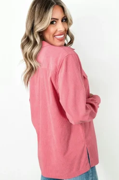 Fashion Dear-Lover Corduroy Flap Detail Button Up Split Shacket Bonbon