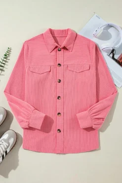 Fashion Dear-Lover Corduroy Flap Detail Button Up Split Shacket Bonbon