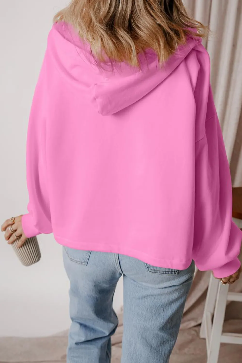 Best Dear-Lover Fleece Lined Half Zipper Kangaroo Pockets Loose Hoodie Bonbon