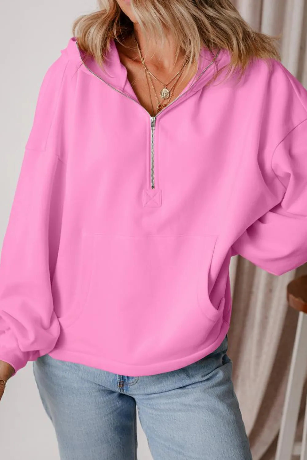 Best Dear-Lover Fleece Lined Half Zipper Kangaroo Pockets Loose Hoodie Bonbon