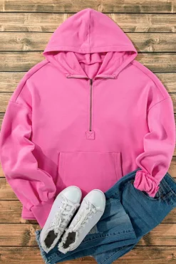 Best Dear-Lover Fleece Lined Half Zipper Kangaroo Pockets Loose Hoodie Bonbon