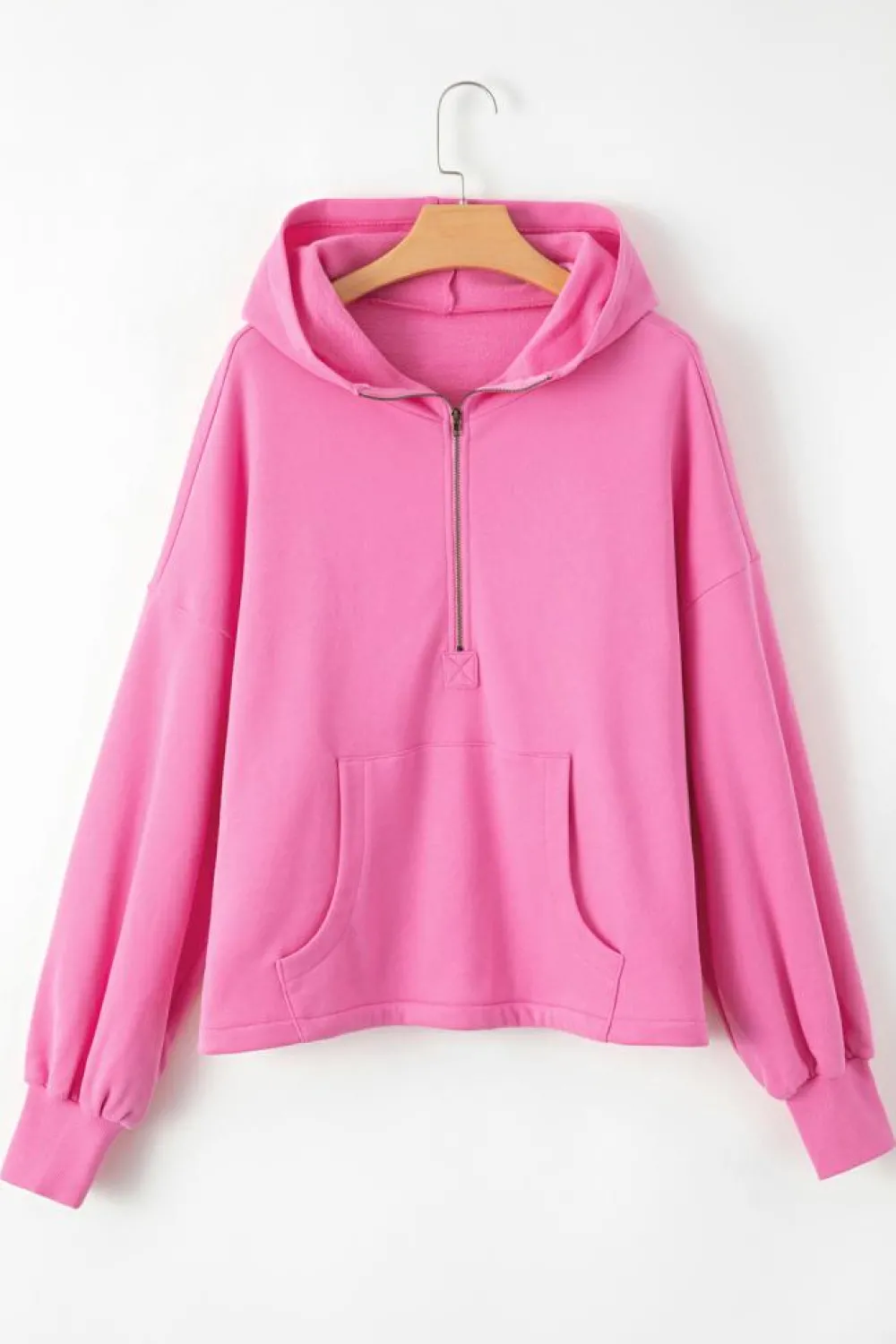 Best Dear-Lover Fleece Lined Half Zipper Kangaroo Pockets Loose Hoodie Bonbon