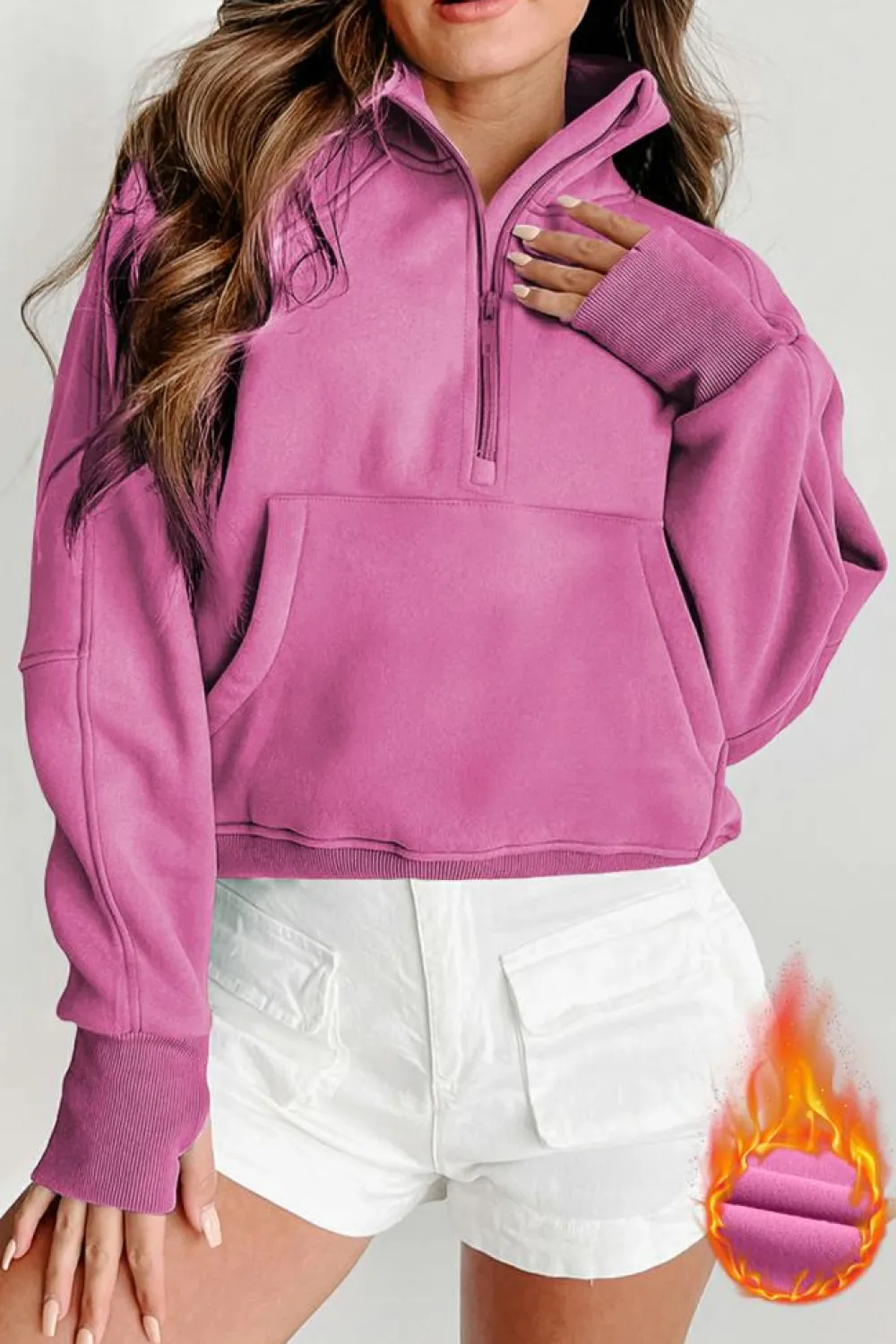 Clearance Dear-Lover Fleece Lined Zip Up Stand Collar Thumbhole Sleeve Sweatshirt Bonbon