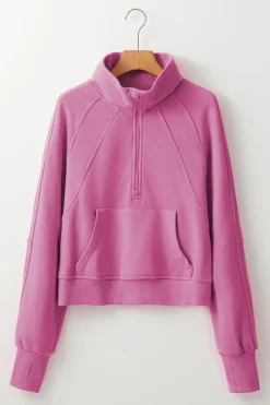 Clearance Dear-Lover Fleece Lined Zip Up Stand Collar Thumbhole Sleeve Sweatshirt Bonbon